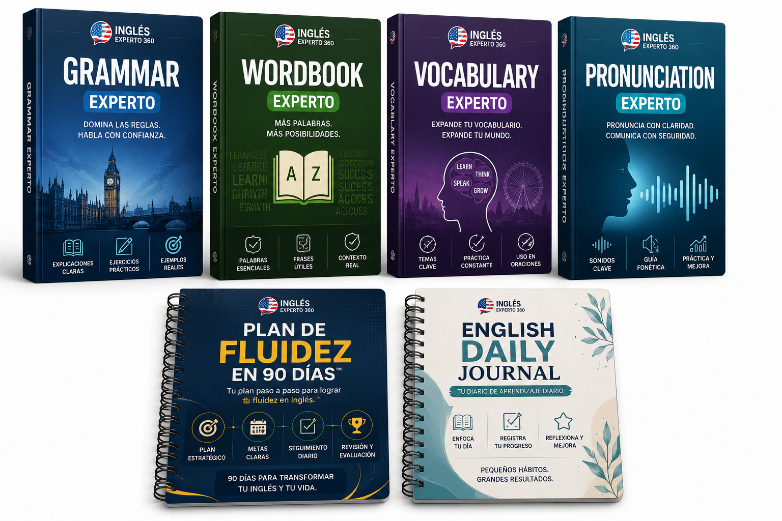 Pack completo: Grammar, Vocabulary, Word, Pronunciation, Plan de Fluidez 90 días y English Daily Journal